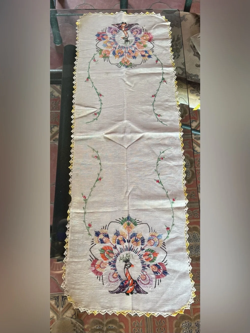 Antique Vintage Embroidered Peacock Table Runner 1910 Beautiful Shape!